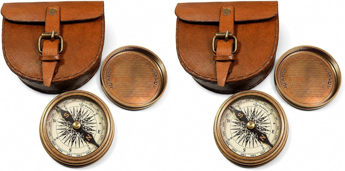 Authentic Vintage Style Brass Pocket Compass with Leather Case Rustic Vintage Home Decor Gifts