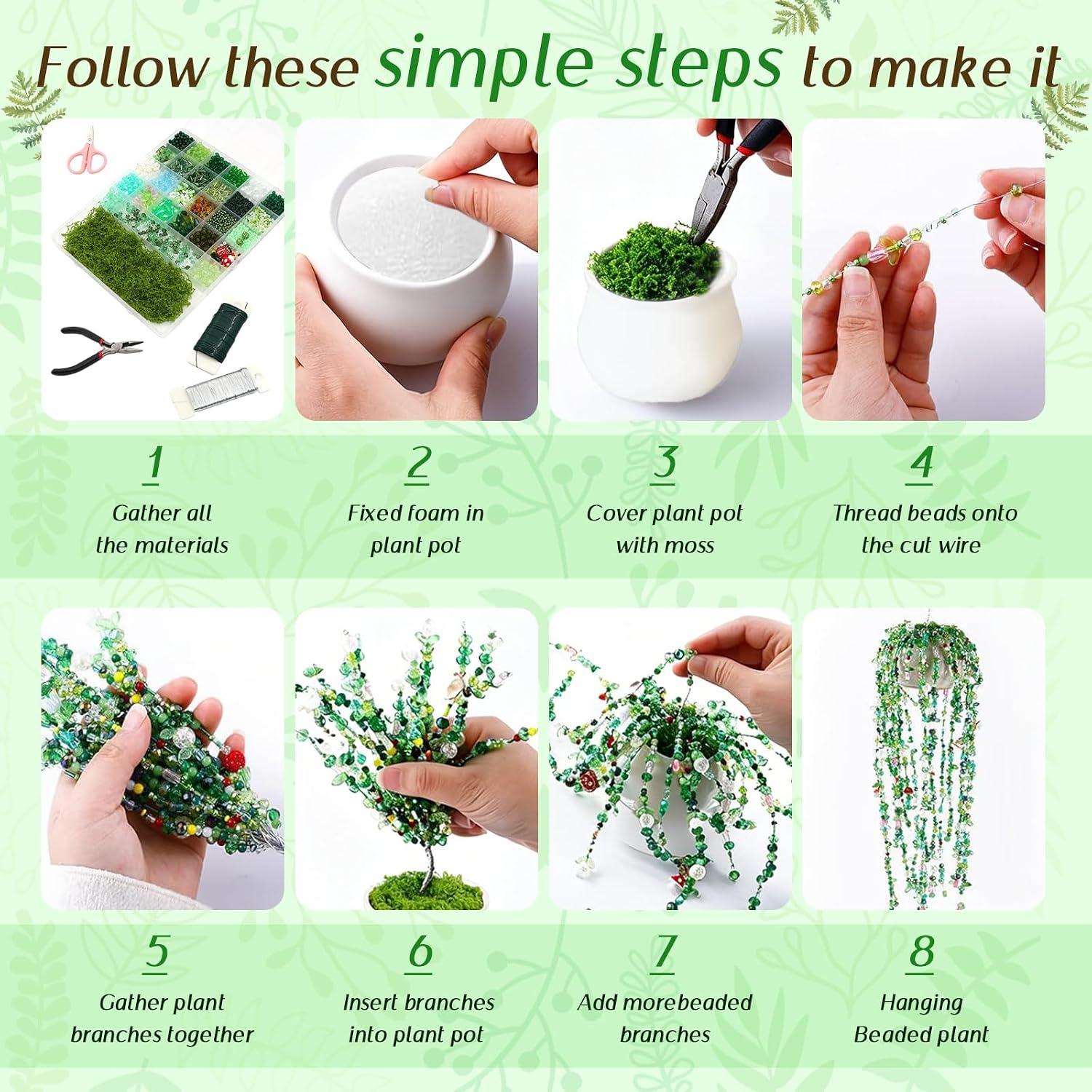 ZYNERY 5600pcs Beaded Plant Kit, Green Glass Beads, with A Full Set of Tools Green Beads Kit Glass for Making Succulent Jewelry and DIY Crafts Fridge Magnets
