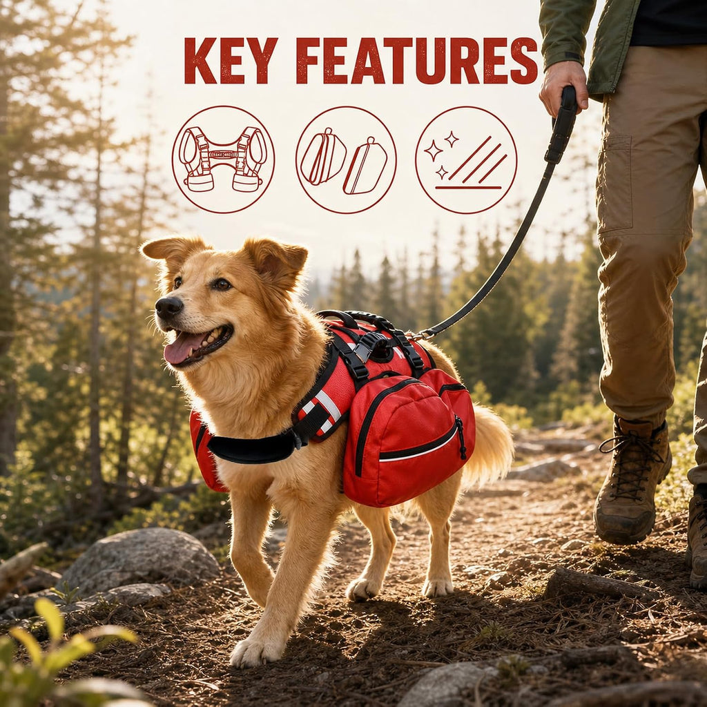 Dog Hiking Backpack, Dog Harness with Pockets Lightweight 2 in 1 Removable Storage Saddle Pack Breathable Padded Vest with Reflective Strips for Medium Large Dogs Outdoor Walking Camping Size L