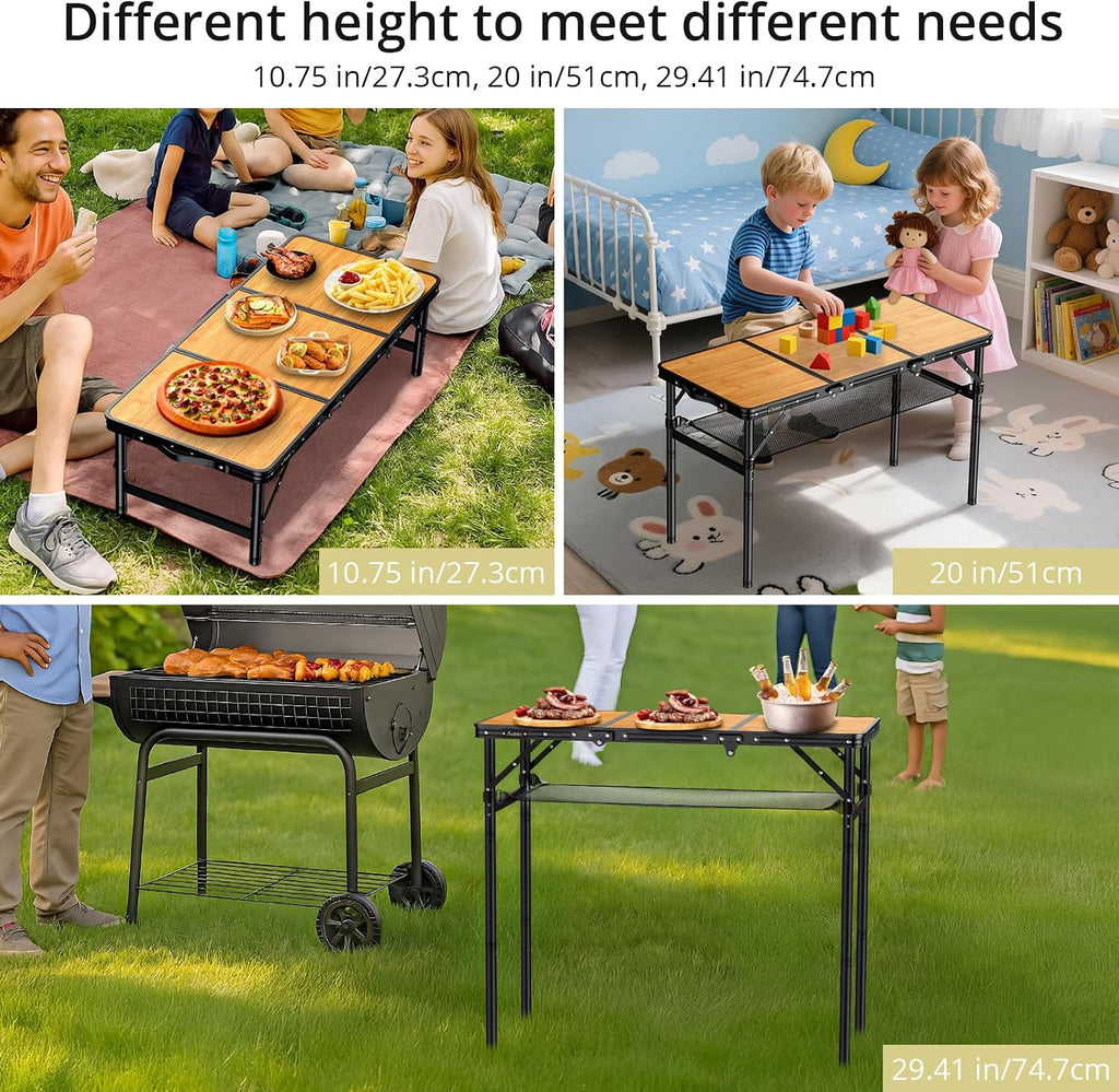 Anbte 3ft Folding Camping Table Max 29.5", 3 Adjustable Height, Yellow