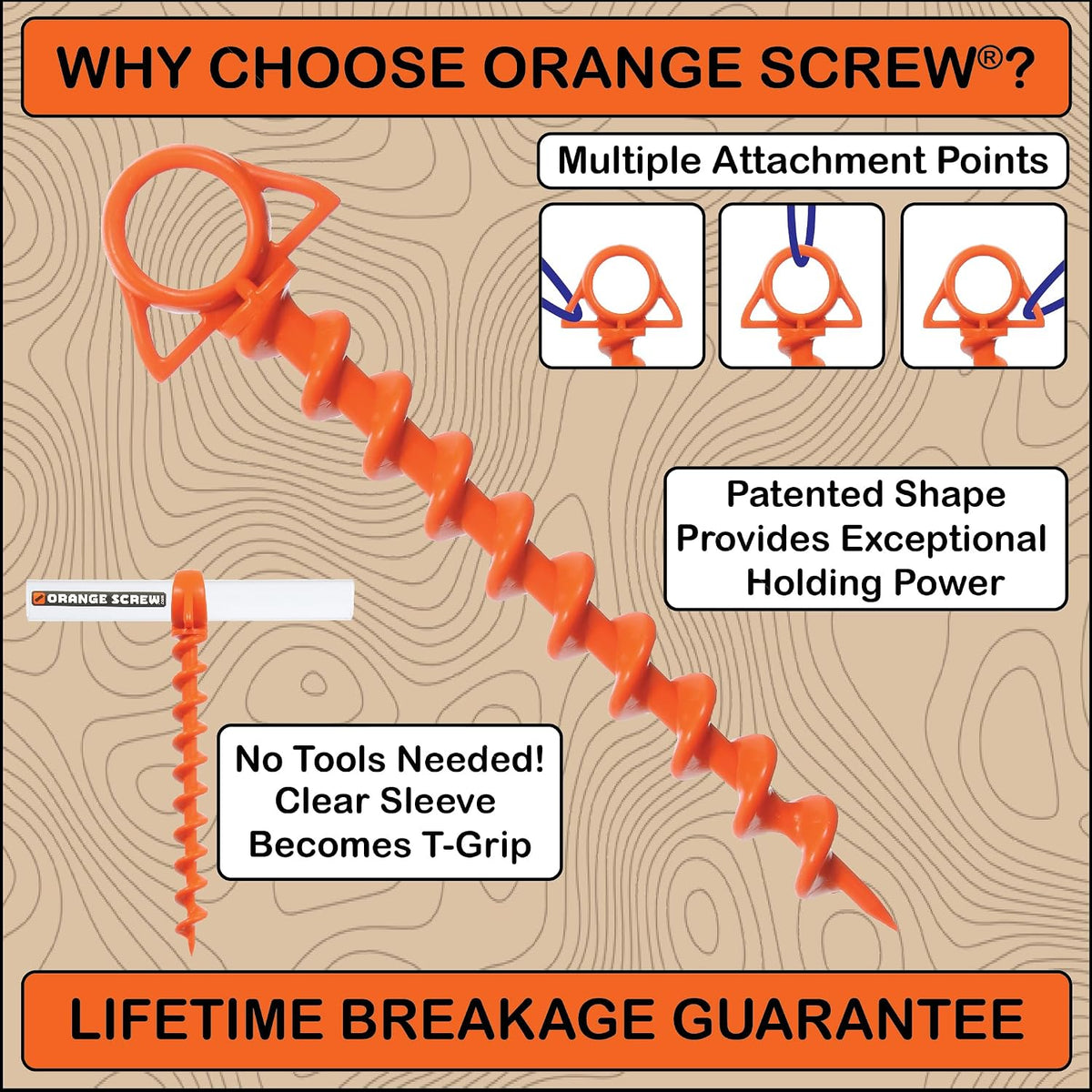 Orange Screw Ultimate Ground Anchors: Heavy Duty Screw-in Tent Stakes for High Wind, Sand, Canopies, and Camping - Made in USA, 100% Recycled, Included T-Grip Tool - (Large, 2 Pack)