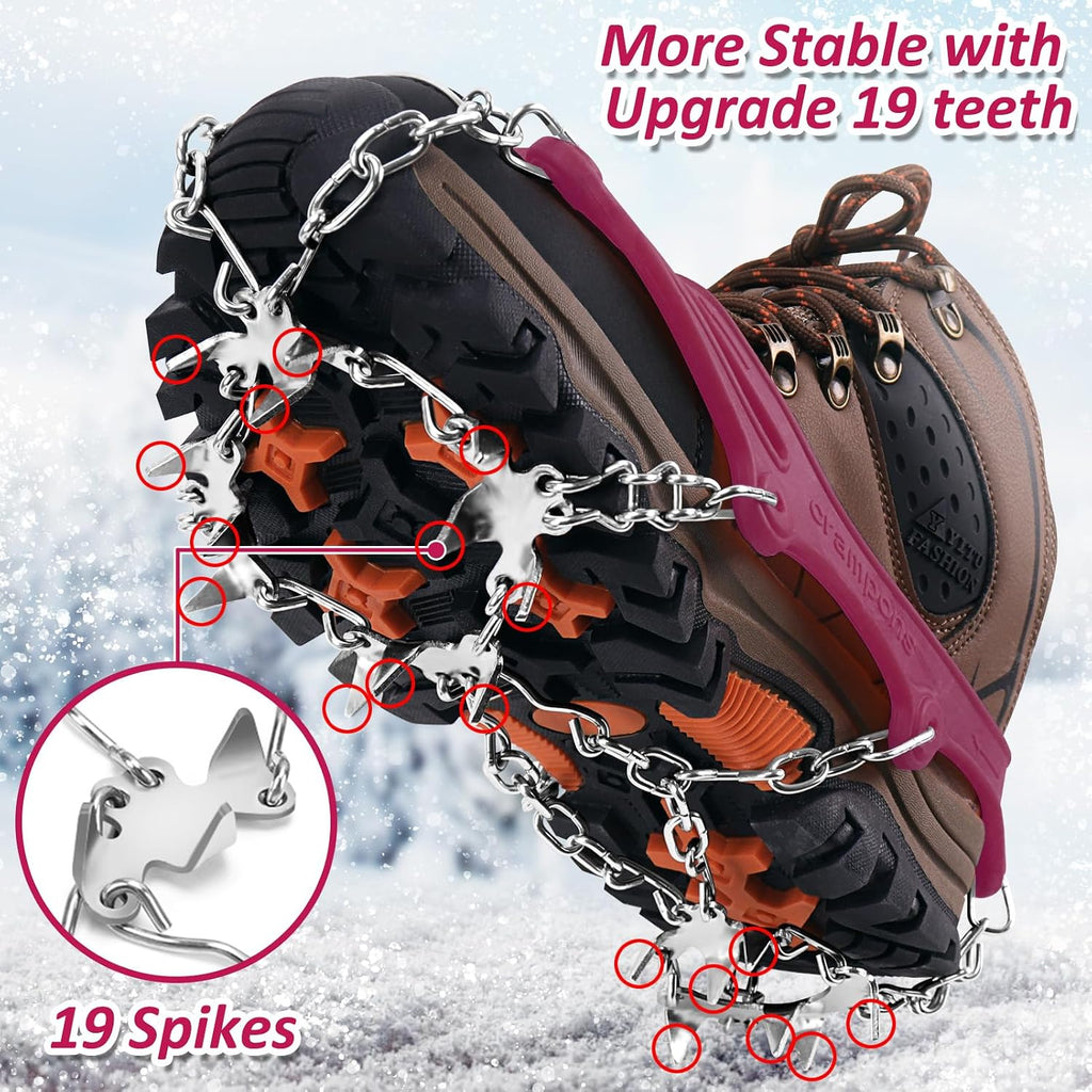 WIN.MAX Crampons for Shoes, Traction Cleats Ice Snow Grips with 19 Stainless Steel Spikes, Shoe Talons Anti - Slip Boots Spikes for Walking, Jogging, Climbing and Hiking