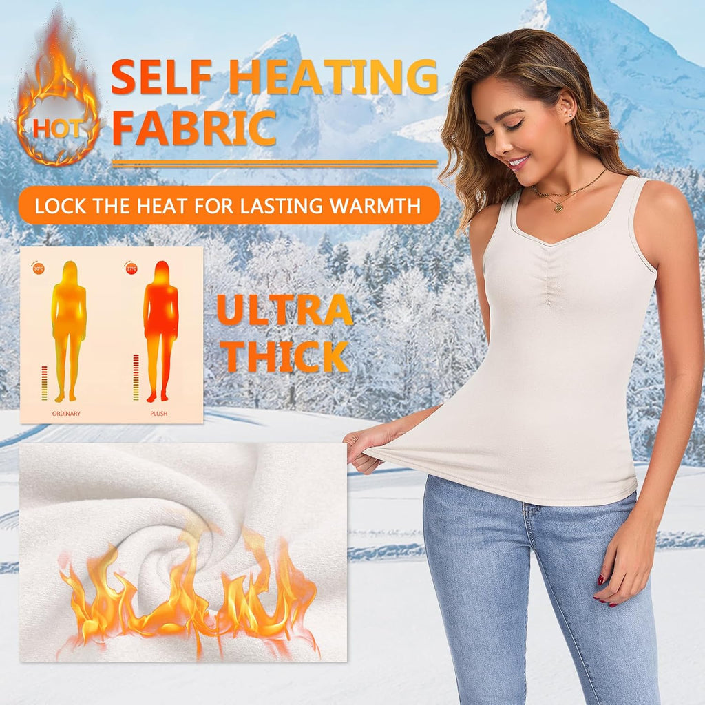 WOWENY Thermal Fleece Tank Top for Women Sleeveless Sweetheart Neck Winter Vest Underwear Tops Warm Cami Base Layer
