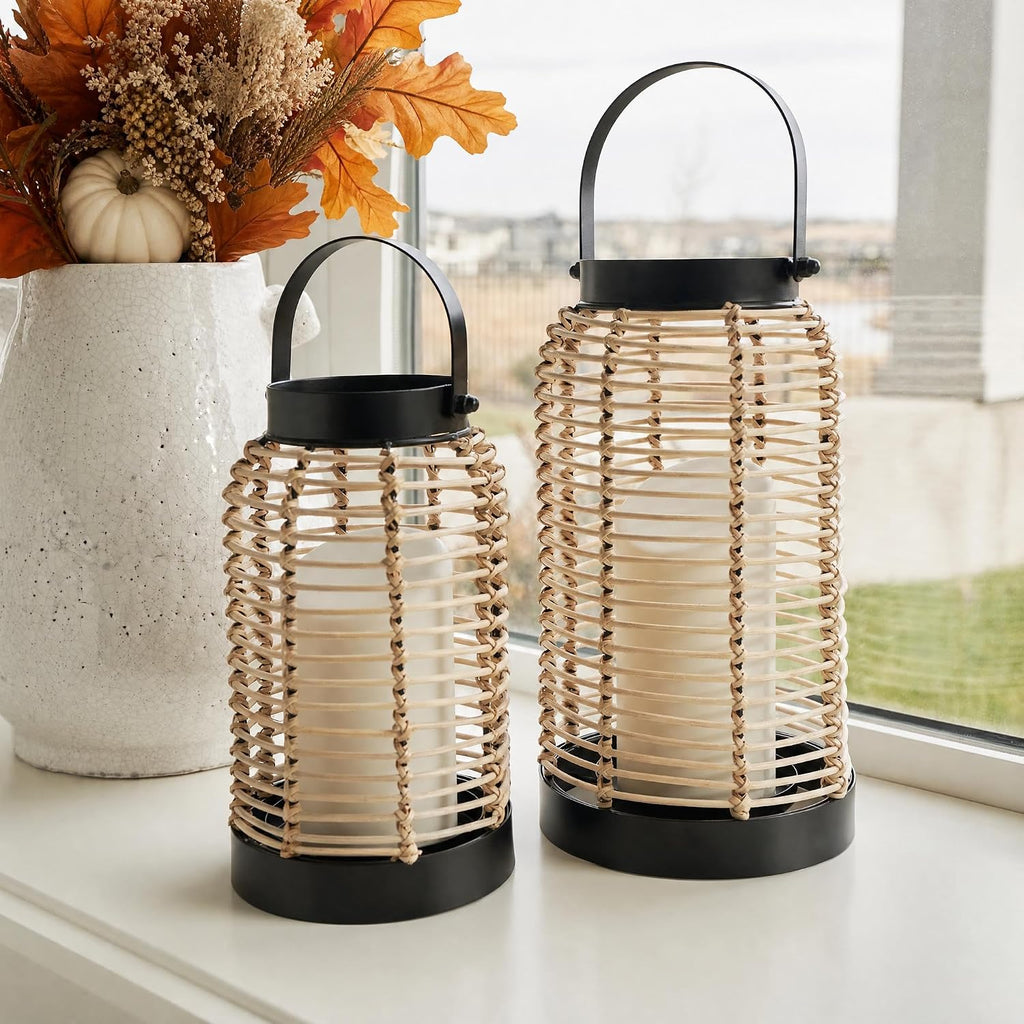 Natural Rattan Boho Lanterns - Handcrafted Chic Farmhouse Decor for Home
