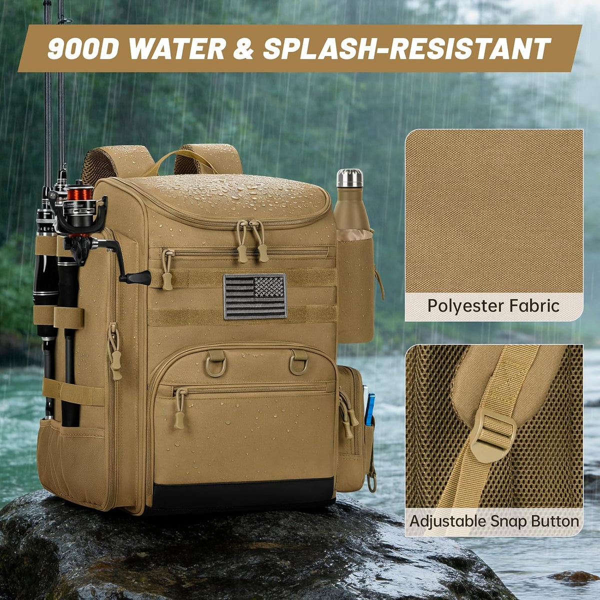 40L Tackle Fishing Backpack with 2 Rod Holders, Fits 4 3600 Trays