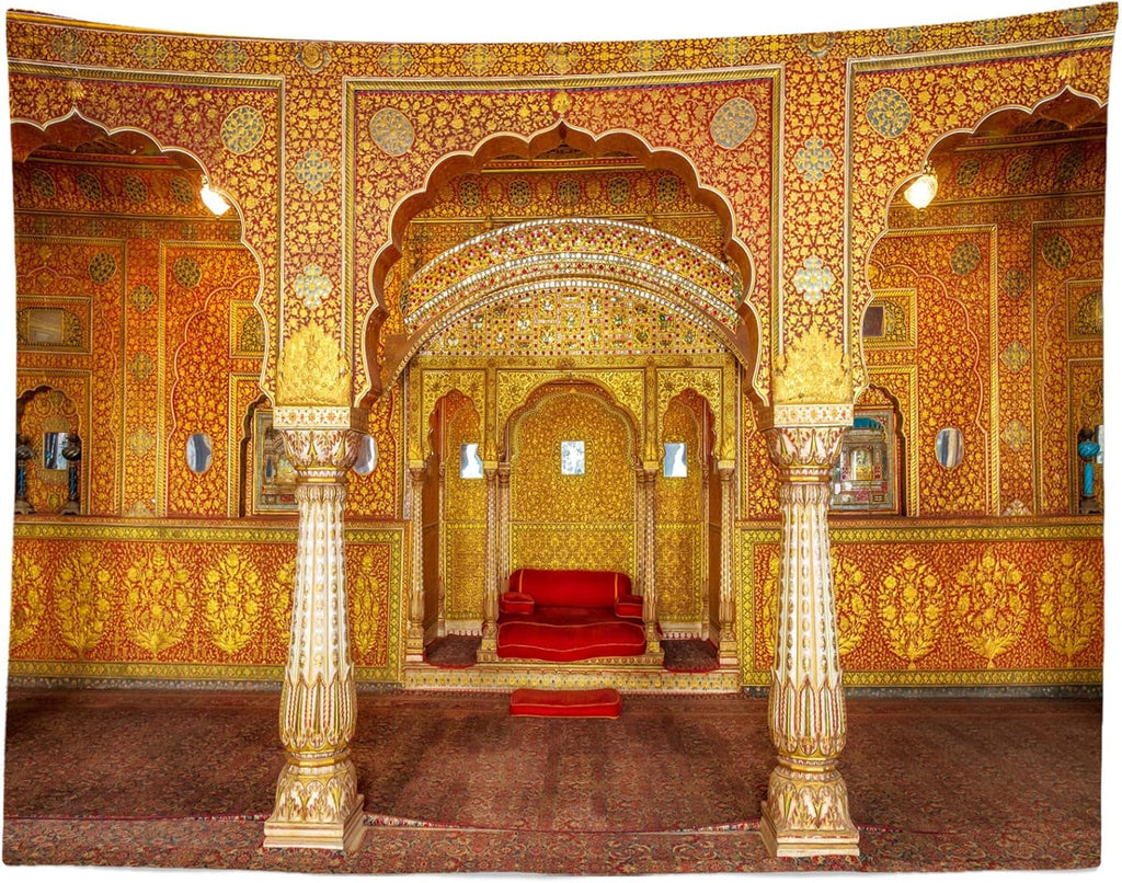 BELECO 7x5ft Fabric Indian Royal Palace Backdrop Interior Private Audience Hall in Anup Mahal and Maharaja Throne with Gold Carvings Photography Background for Travel Portrait Photo Studio Props