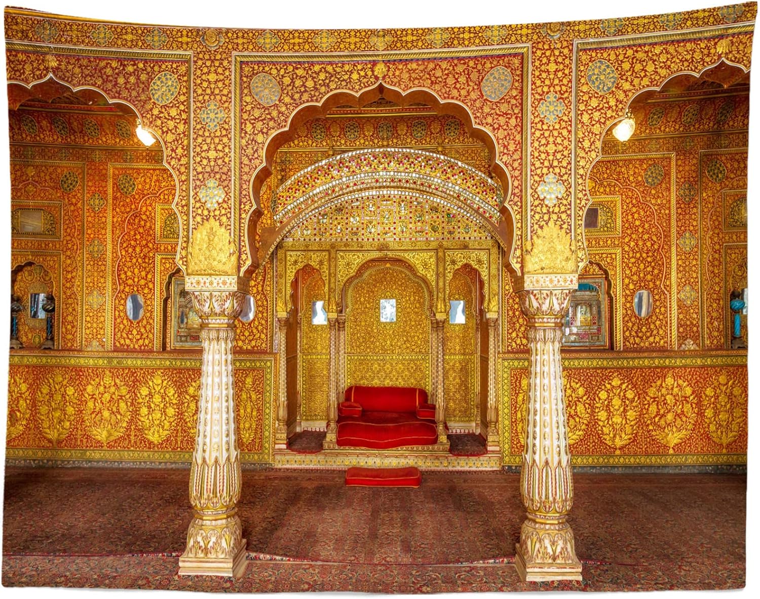 BELECO 7x5ft Fabric Indian Royal Palace Backdrop Interior Private Audience Hall in Anup Mahal and Maharaja Throne with Gold Carvings Photography Background for Travel Portrait Photo Studio Props
