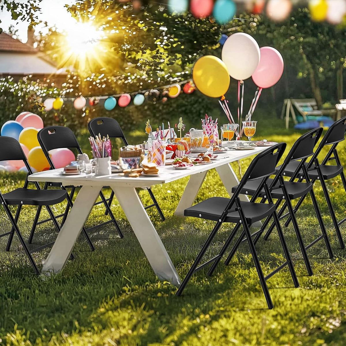 Bonnlo 10-Pack Black Plastic Folding Chairs, Portable Seat with Sturdy Steel Frame for Indoor &amp; Outdoor Use, Perfect for Banquet, Party, Wedding, Office, and Camping