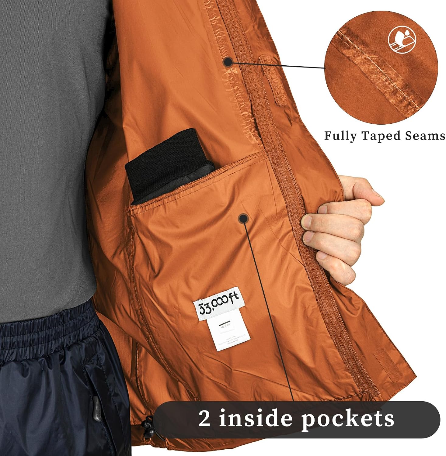 33,000ft Men's Packable Rain Jacket Lightweight Waterproof Golf Raincoat