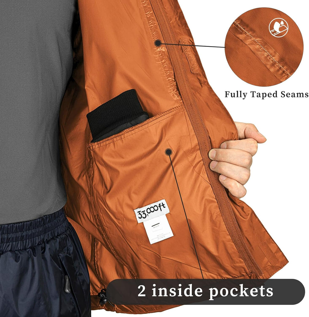 33,000ft Men's Packable Rain Jacket Lightweight Waterproof Golf Raincoat