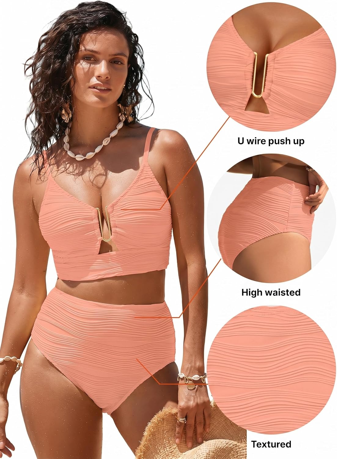 Herseas Women High Waisted U Wired Texured 2 Piece Bikini Sets