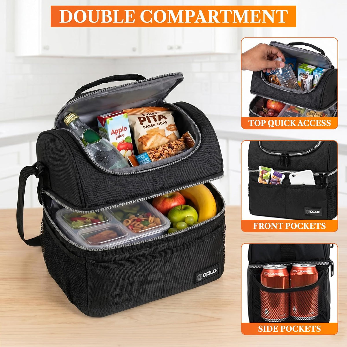 opux Insulated Lunch Bag for Men Women, Double Decker Leakproof, Black