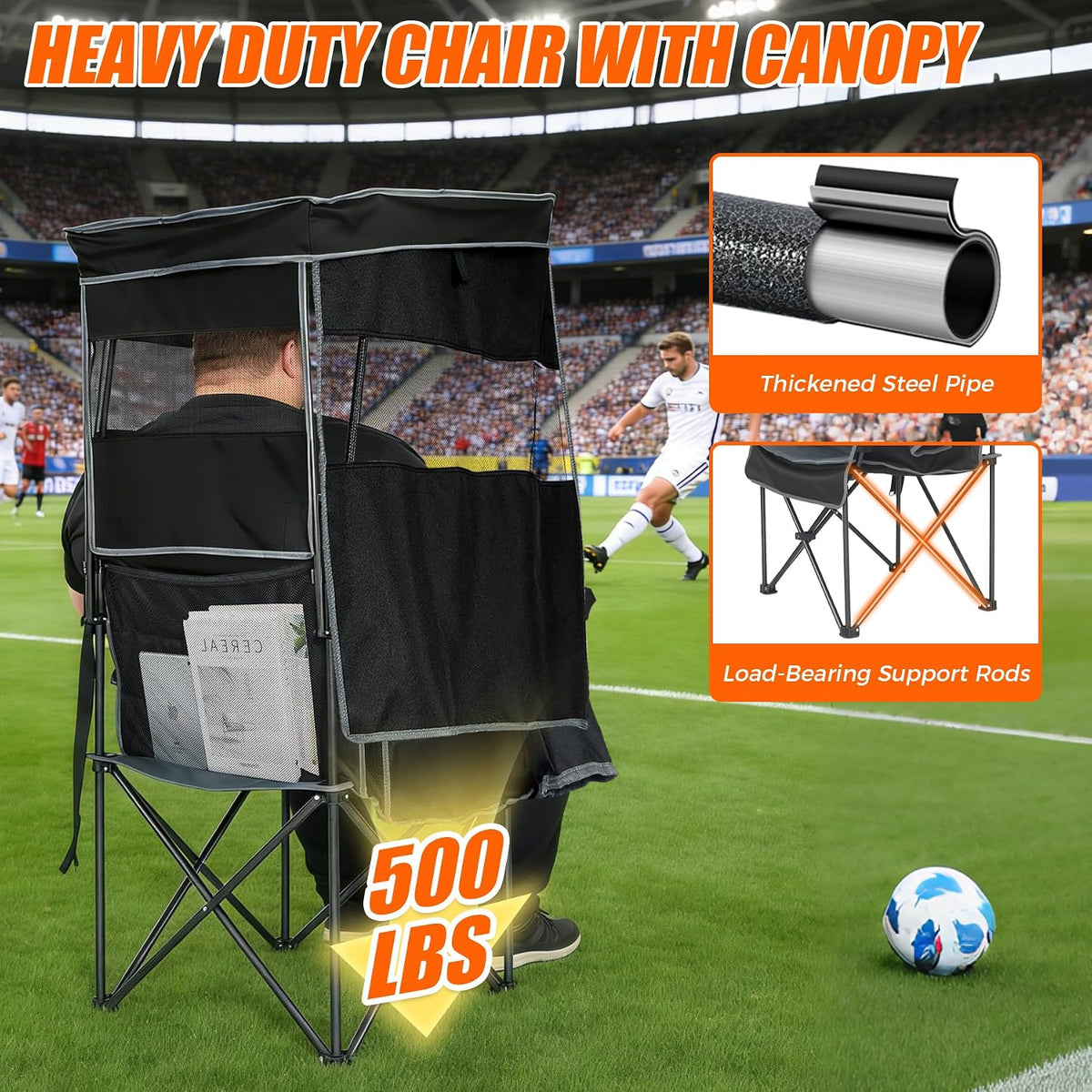 Camping Chair with Canopy Shade Heavy Duty Folding Chair with Umbrella Cup Holder Oversized Beach Chairs with Canopy for Adults Portable Padded Outdoor Lawn Chair for Sports Events Fishing, 500LBS
