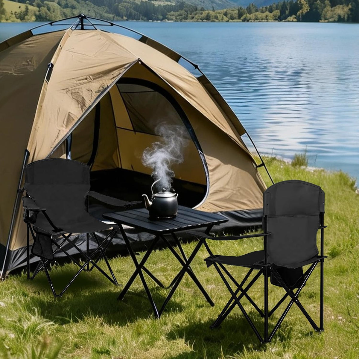 Folding Camping Chair with Cup Holder & Side Storage Bag 300lbs Capacity Lightweight High Back Portable for Beach, Picnic, Sport, Black