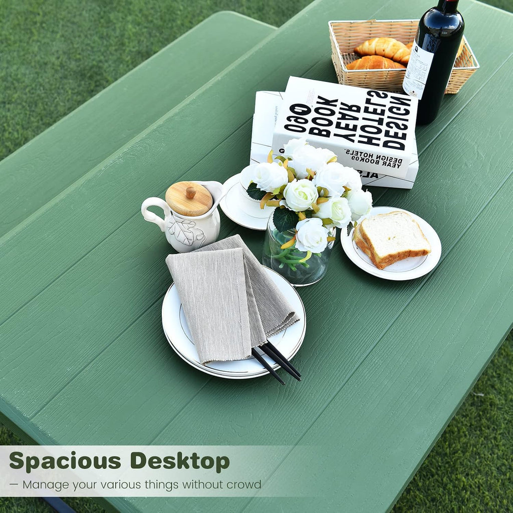 Tangkula Picnic Table Bench Set, Outdoor Picnic Table with 2 Benches, Metal Camping Table with Plastic Wood-Like Texture Tabletop & Steel Frame, Ideal for Picnic, Party, Garden, Lawn (Green)