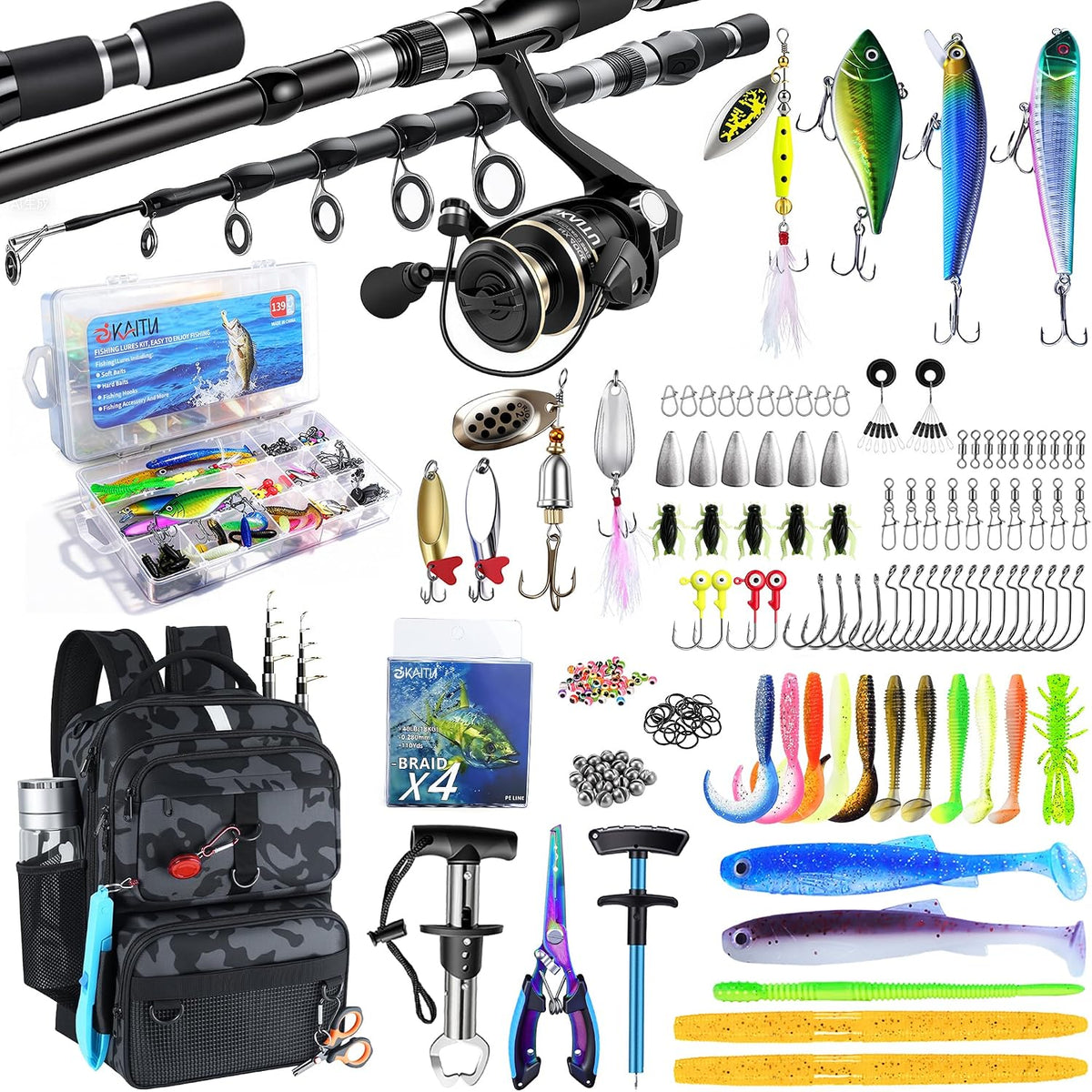 Fishing Backpack with Tackle Boxes and Rod, Fish Lure Kit and Tool