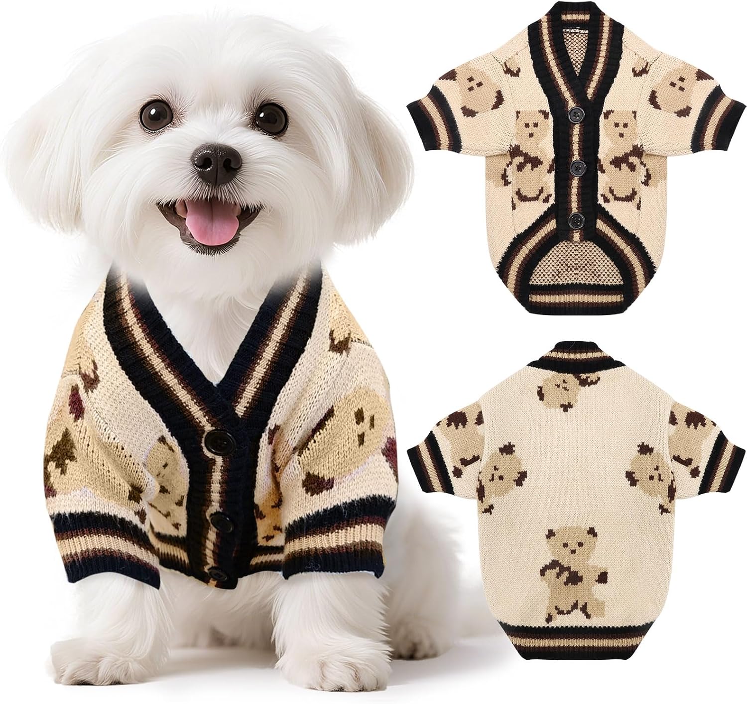 Small Dog Sweaters Cute Bear Knitted Dog Cardigans Clothes for Small Medium Dogs Soft Pet Puppy Cat Knitting Outfits Fall Winter Warm Boy Girl Dogs Knitwear Coat Apparel(Beige, X-Small)