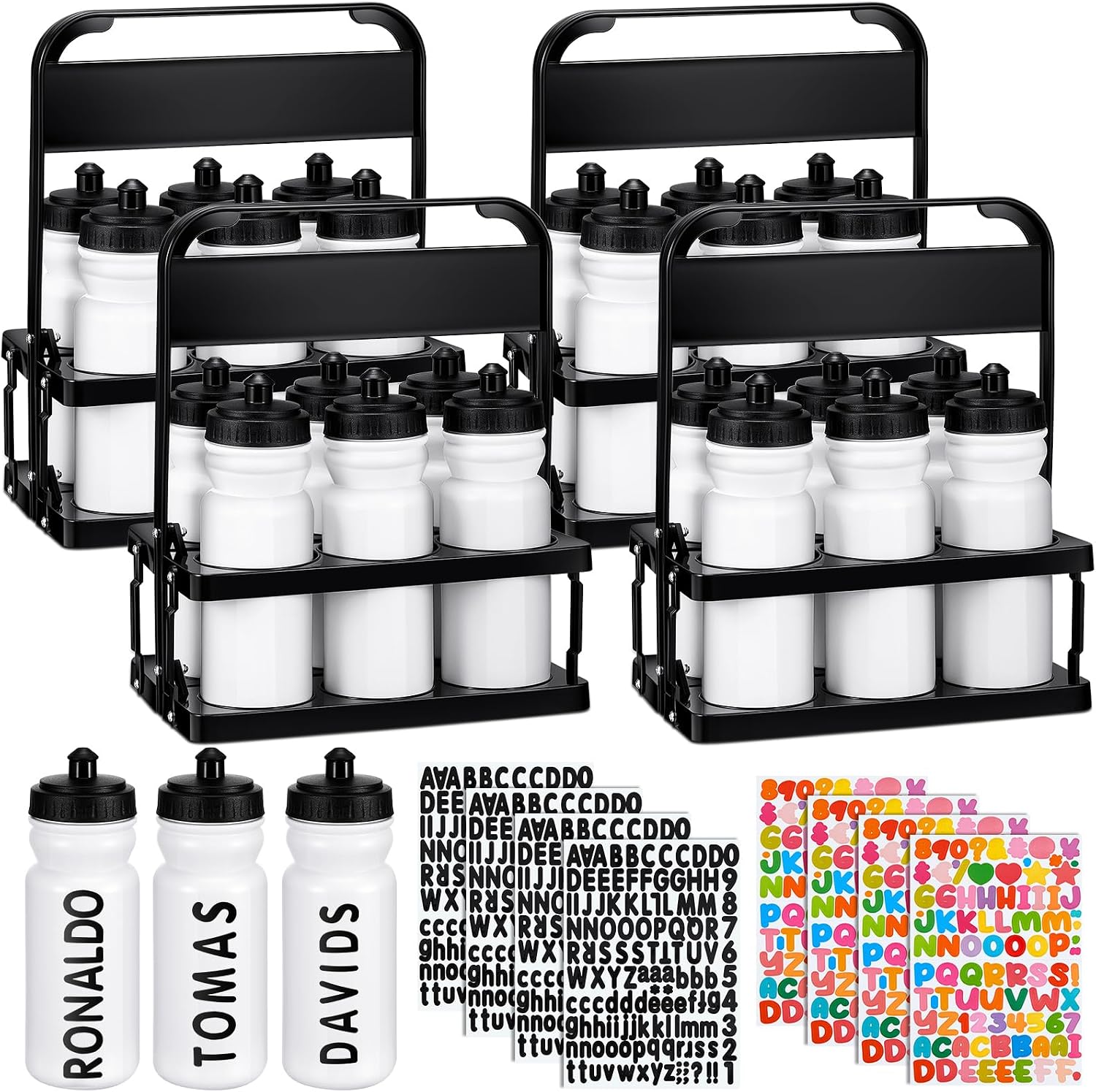 Suclain Squeeze Water Bottles with Carrier, 7 Pcs, Black