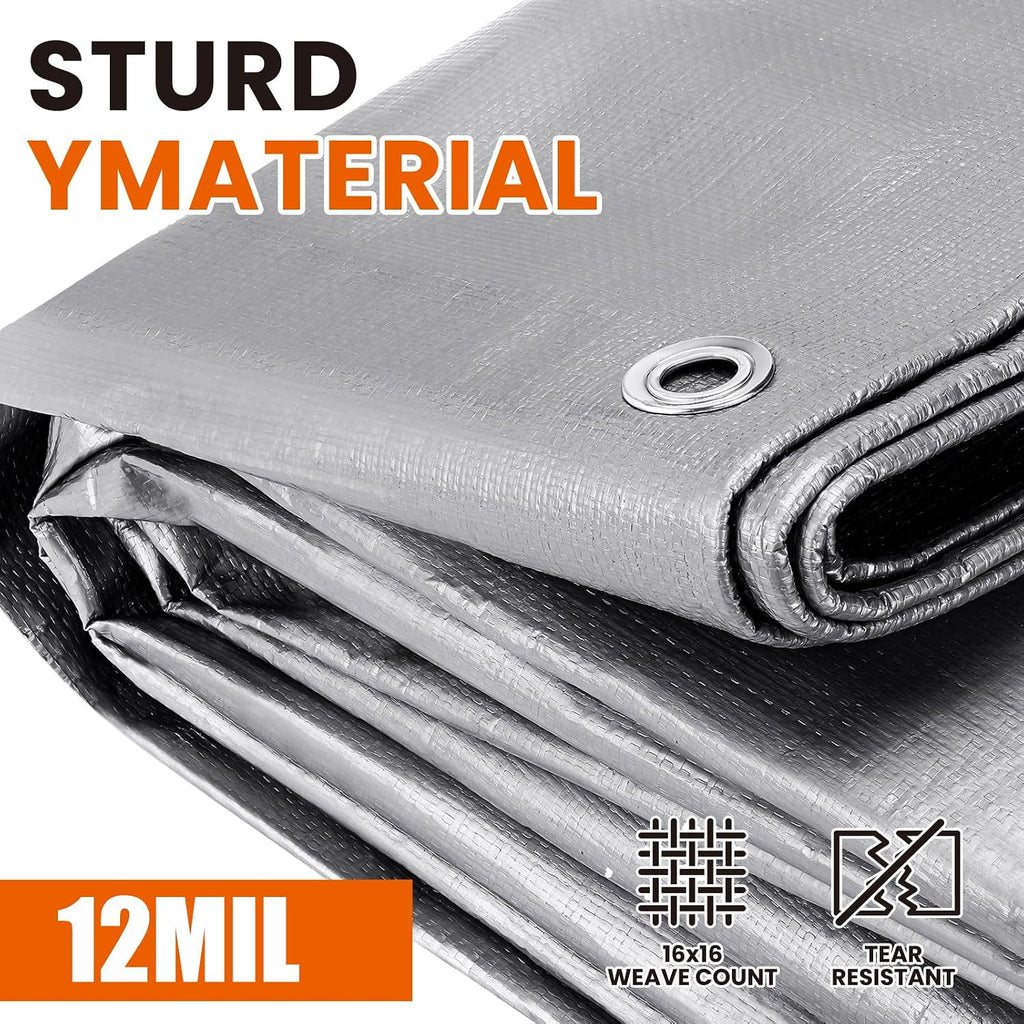 Tarp Heavy Duty 15x15 FT, 12 Mil Thick Large Tarps Water-Proof with Grommets, UV& Tear Resistant, Plastic Cover for Pool Roof Tent Outdoor Firewood, Silver& Brown