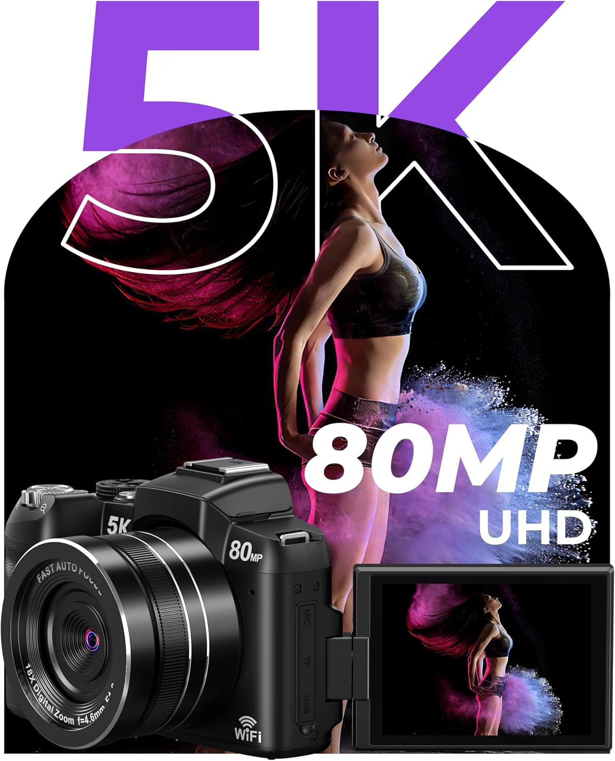 5K Digital Cameras for Photography 80MP WiFi UHD Autofocus Vlogging Camera