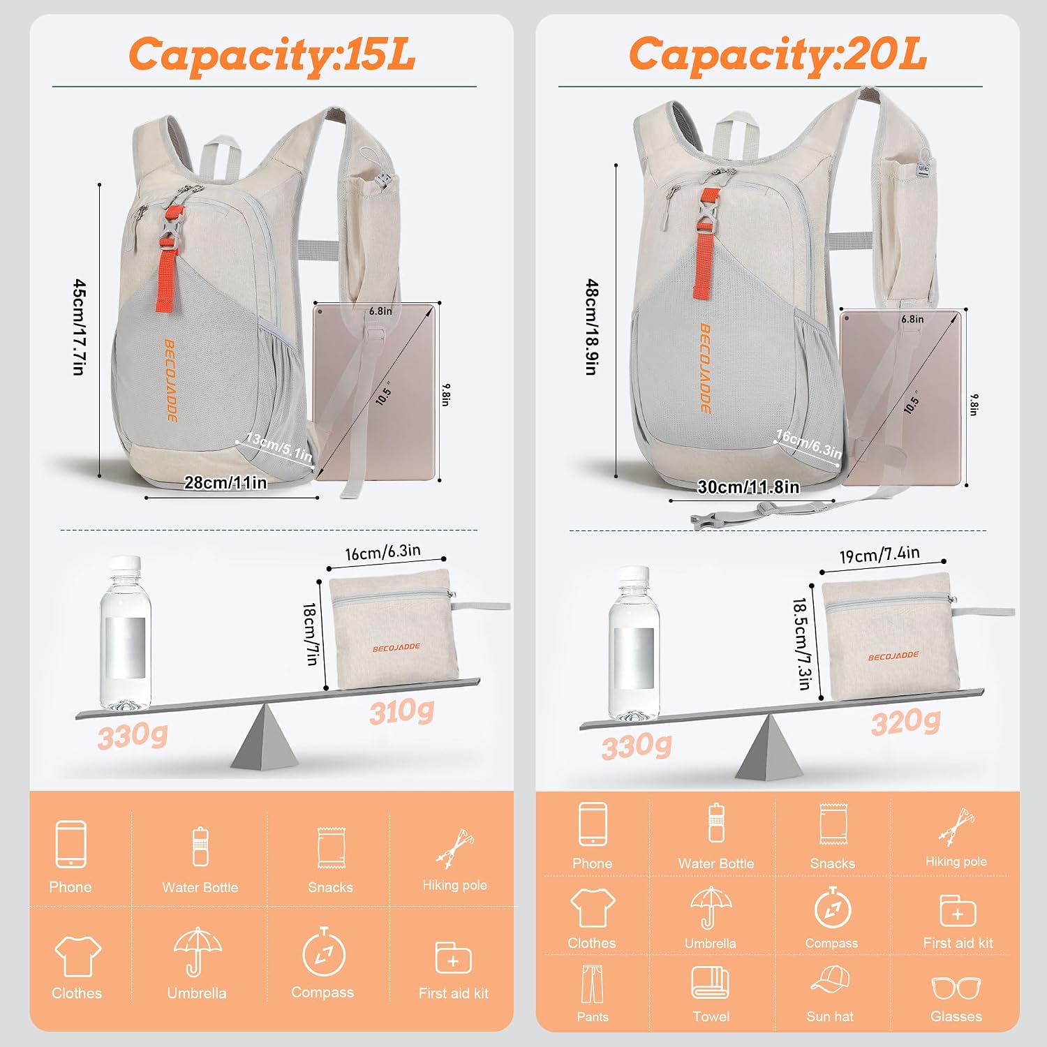 BECOJADDE 15L Small Hiking Backpack for Men Women Foldable Packable Back Pack Ultralight Hiking Daypack for Travel Camping Outdoor, Beige