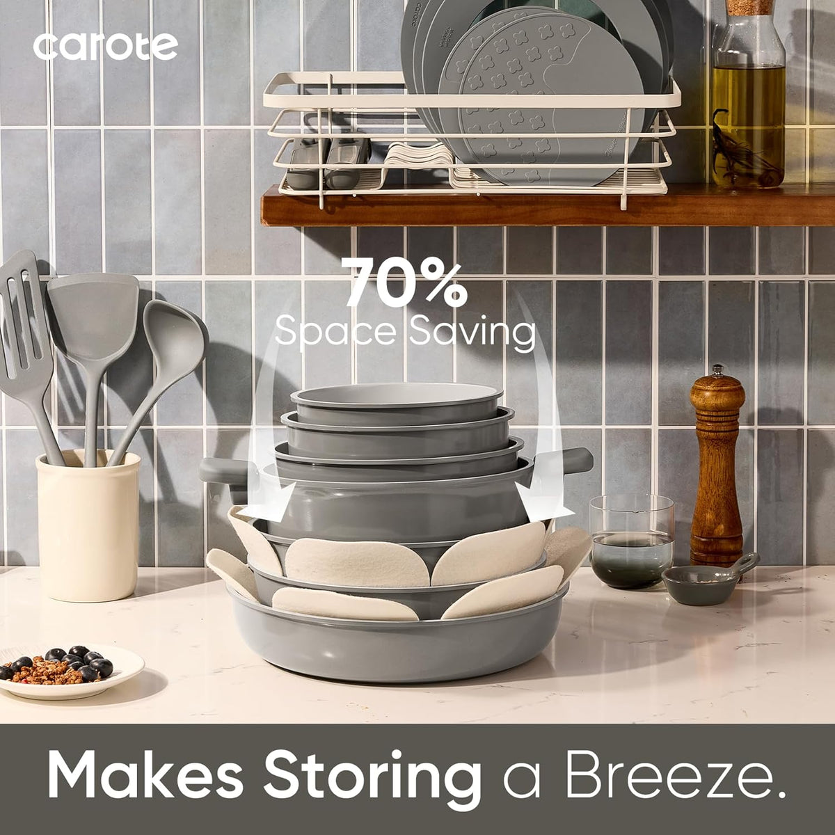 CAROTE 27pcs Ceramic Cookware Set, Pots and Pans Set with Detachable Handle