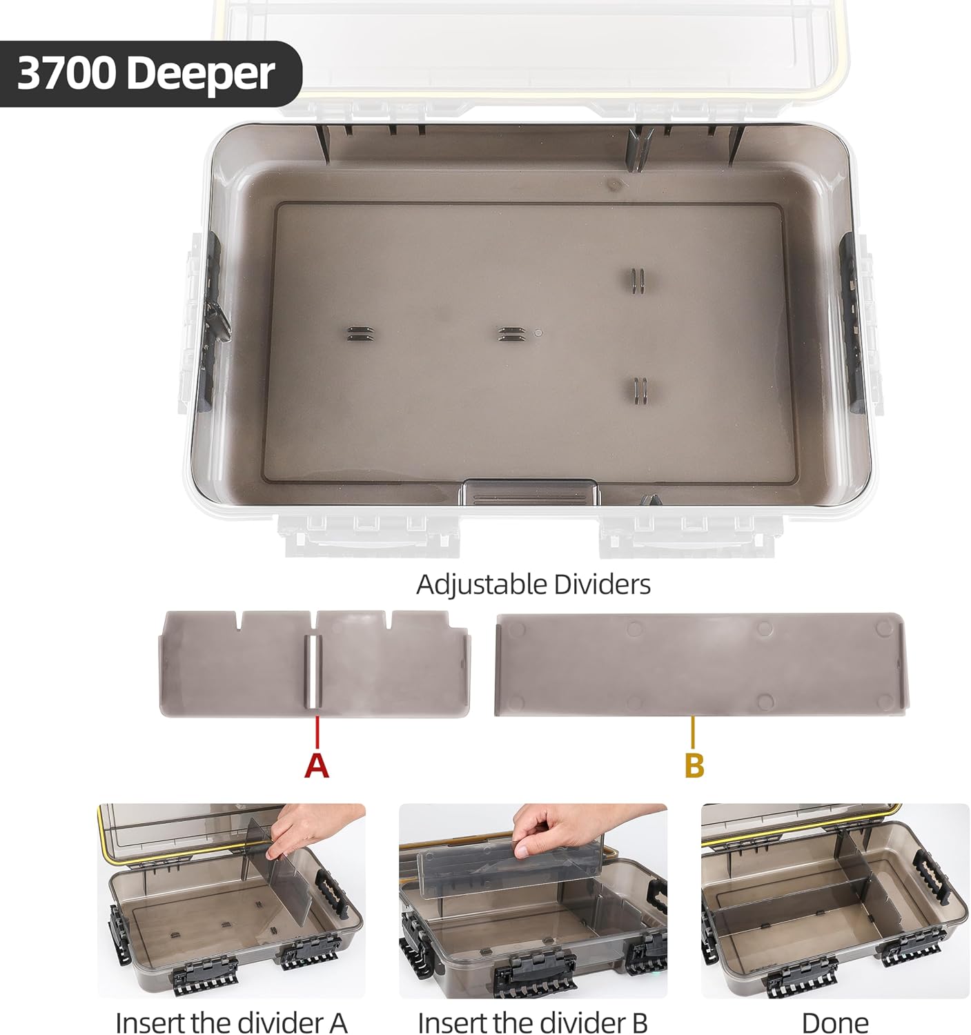 RUNCL Fishing Tackle Box, Waterproof Tray for Jigs Lures, Thicker Floating Tackle Utility Box with Adjustable Dividers, 3600/3700/Large 3700 Size