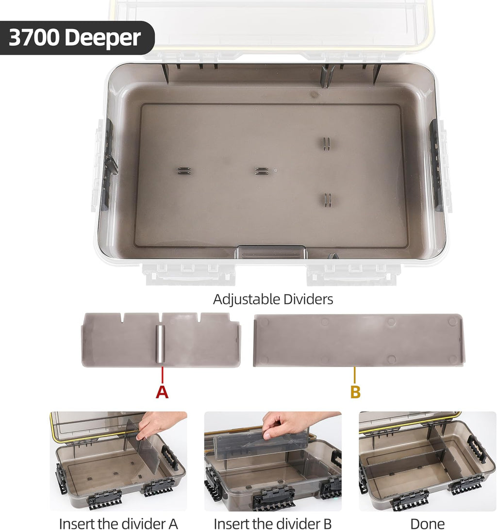 RUNCL Fishing Tackle Box, Waterproof Tray for Jigs Lures, Thicker Floating Tackle Utility Box with Adjustable Dividers, 3600/3700/Large 3700 Size