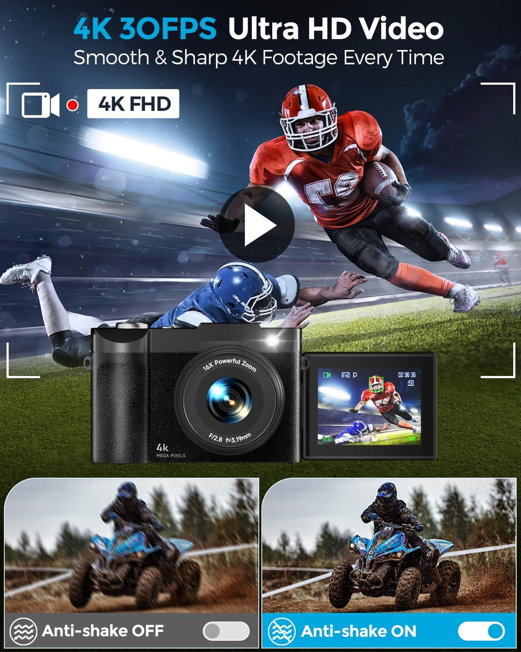 4K Digital Camera for Photography- 48MP Autofocus Vlogging Camera with 2.8" 180° Flip Screen, 16X Digital Zoom- Compact Point and Shoot Camera with 64GB SD for YouTube, Travel, Beginners