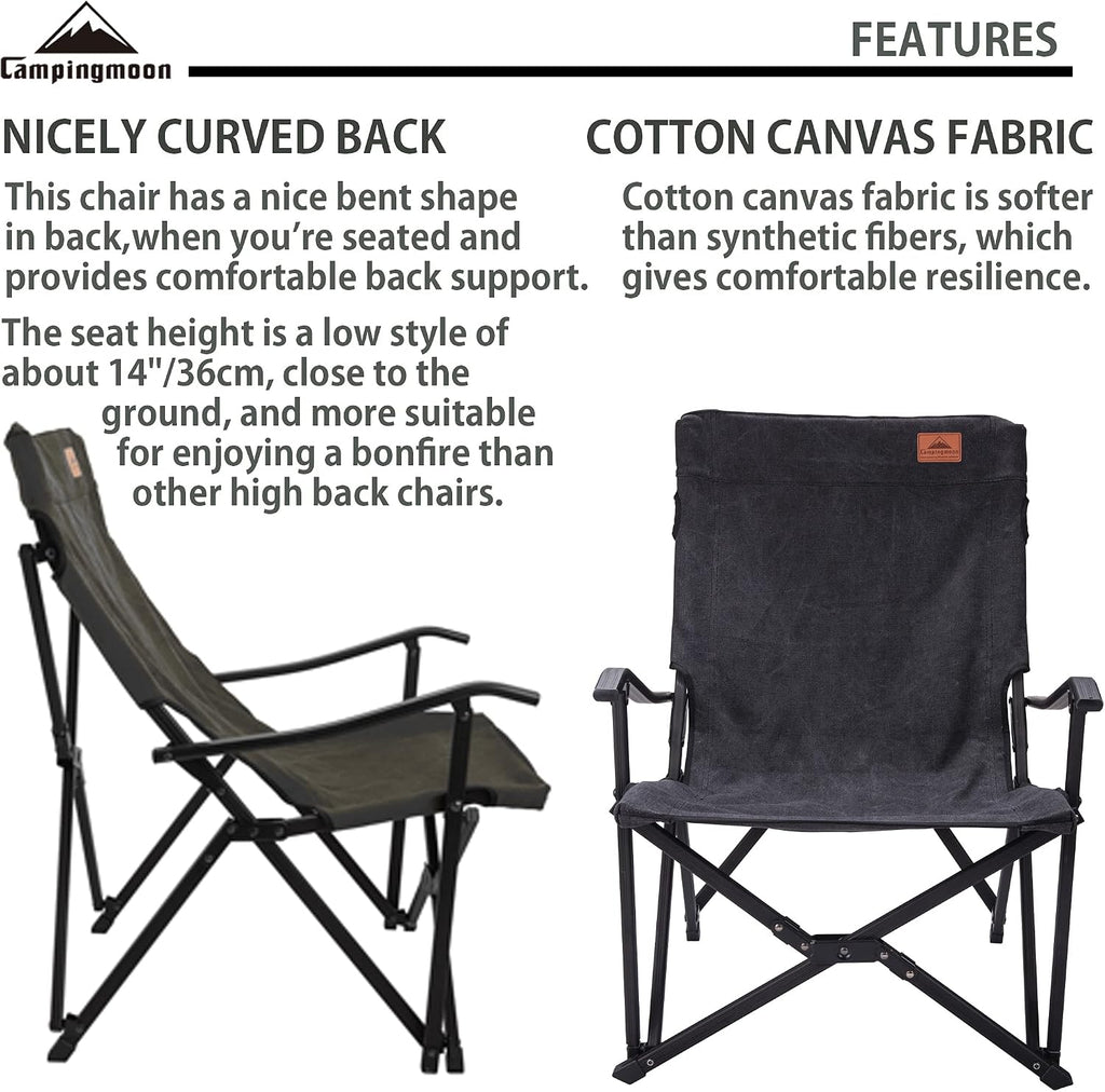 CAMPINGMOON Portable Cotton Canvas Campfire Bonfire Open Fire Camping Chair Low Style Chair Black F-1003C-BK