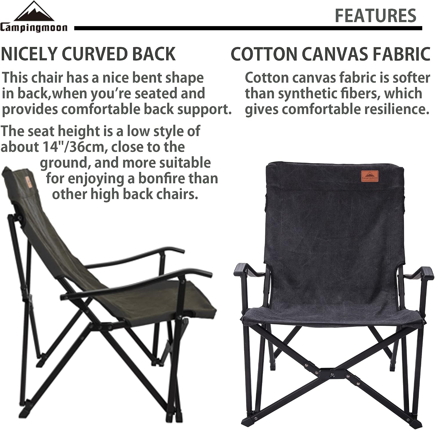 CAMPINGMOON Portable Cotton Canvas Campfire Bonfire Open Fire Camping Chair Low Style Chair Black F-1003C-BK