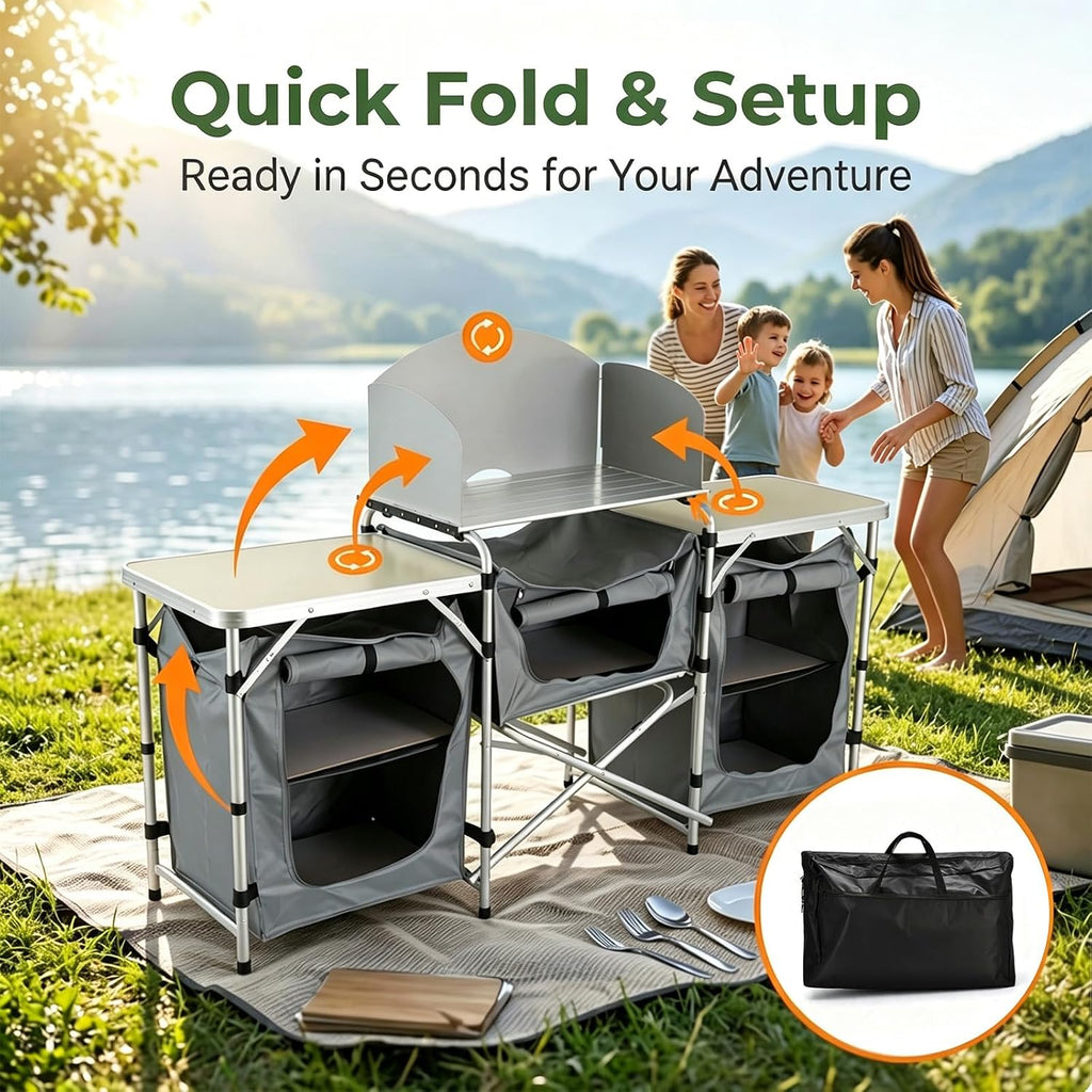 Folding Camping Kitchen Table, Outdoor Cooking Table with Storage