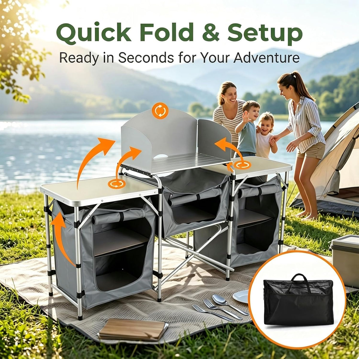 Folding Camping Kitchen Table, Outdoor Cooking Table with Storage