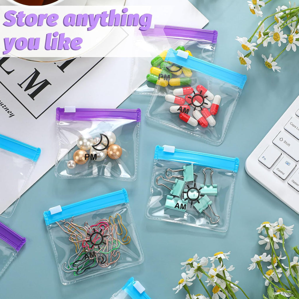 Colarr 56 Pcs AM PM Pill Pouches Bags Travel Zippered, Blue, Purple