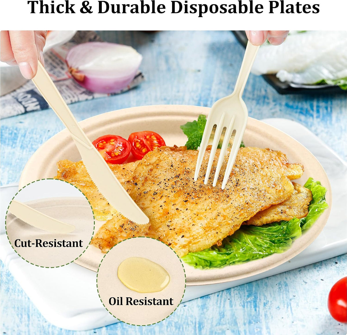 Compostable Paper Plates Set, 250PCS Disposable Heavy-Duty Sugarcane Plate