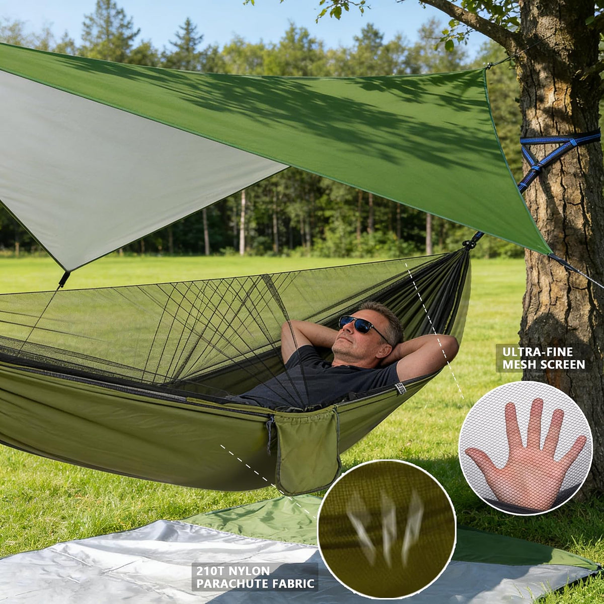 Camping Hammock with Rain Fly Tarp Mosquito Net Heavy Duty Tree Straps Portable Double Parachute Hammock Tent Waterproof Rainfly Set 660lbs Maximum Weight