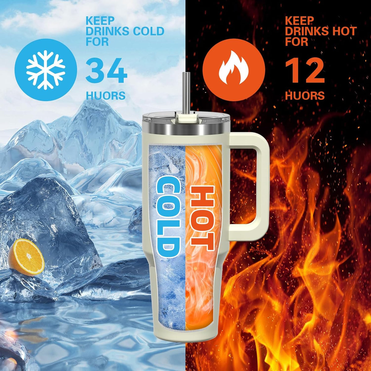 40 oz Tumbler with Handle,Tumbler with Lid and Straw,Double Wall Insulated Cup Stainless Steel Travel Mug(Cold for 34 Hours),Water Bottle for Iced Tea,Coffee,Cold Beverages(Cream White)