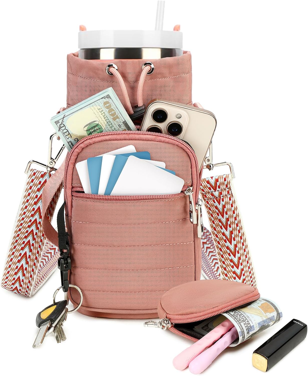 Water Bottle Carrier Bag with Strap Phone Pocket for Walking, Hiking, Cycling