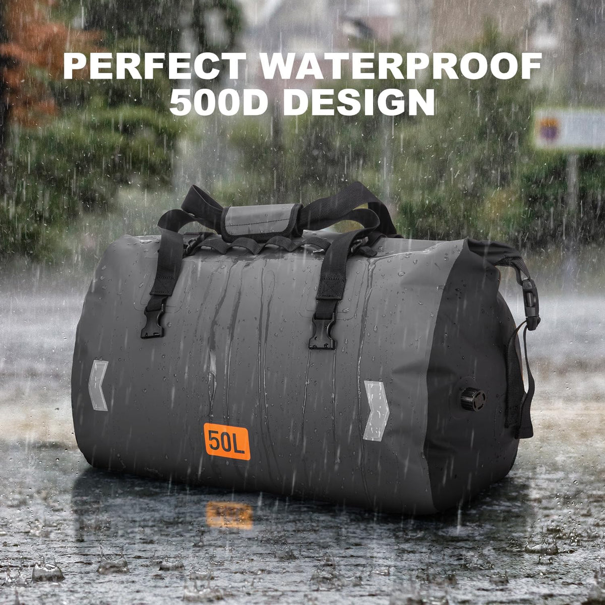 OCKLILY Waterproof Dry Bag, 50L Roll-top Motorcycle Tail Bag with Air Valve & Quick-fixed Straps, Travel Duffle Bags for Kayaking Paddle Boarding Rafting Boating Camping Riding Fishing - Grey