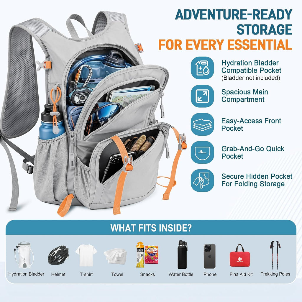 BECOJADDE 15L Hiking Backpack Lightweight Travel Backpacks Water-Resistant Daypack Fits Cycling Helmets for Men Women for Daily Outdoor Camping, Mist Gray