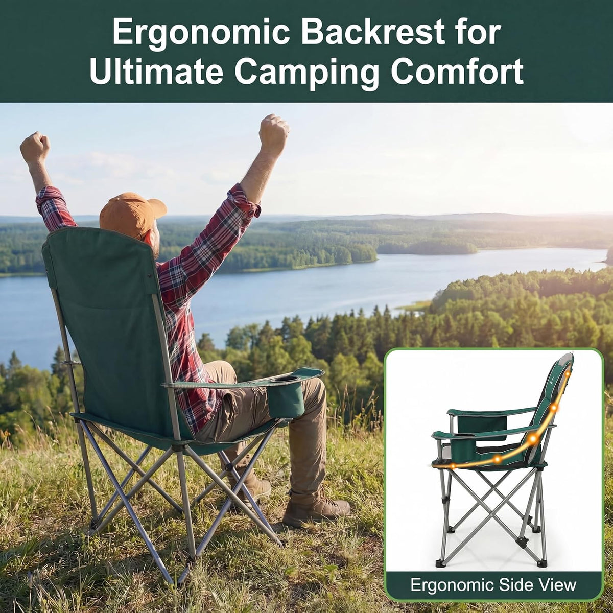 2 Pack Camping Chairs for Adults - Oversized Folding Lawn Chair with Angled Backrest,Heavy Duty 400lbs,Padded Camp Chairs with Cup Holder Side Pocket Cooler Bag for Outdoor,Sports,Beach,Fishing,Green