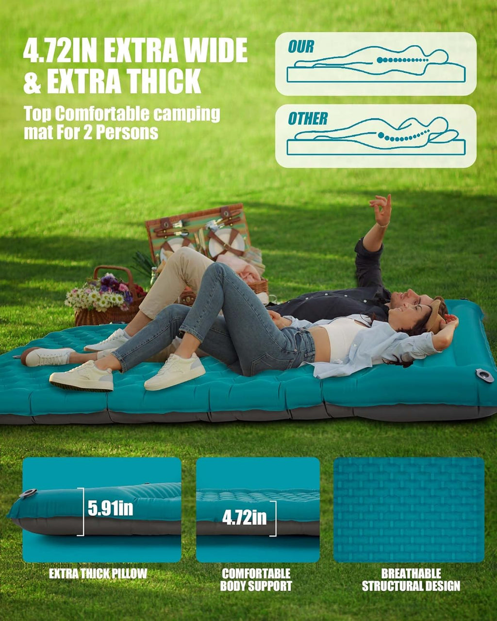 AKSOUL Sleeping Pad Camping Inflatable: Extra Thickness Double Persons Self Inflating Mat with Built-in Foot Pump, Lightweight Ultra-Wide Air Mattress with Pillow for Camping, Backpacking