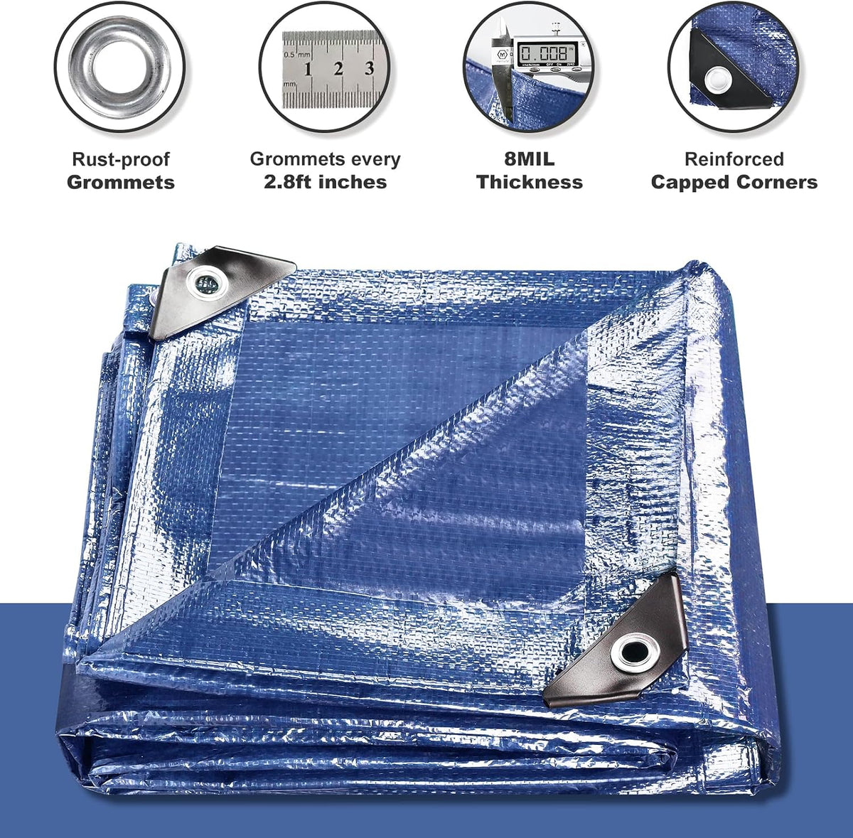 Tarps Waterproof 8x10 Feet, 2 Pack Heavy Duty Blue Tarp Cover 8 Mil Thick, Resistant Plastic Tarpaulin with Metal Grommets, Outdoor Tent Cover for Emergency Rain