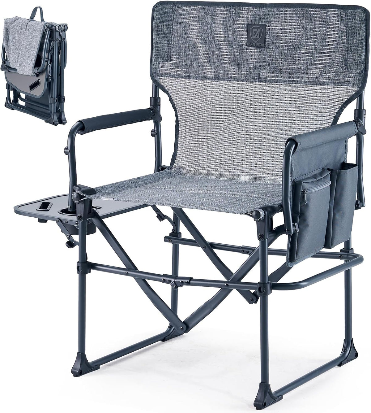 EVER ADVANCED Camping Directors' Chair with Side Table, Portable Folding with Compact Size, Breathable & Quick Dry Design Heavy Duty Lawn Chair with Pocket, 400lbs, Elastic Mesh, Grey
