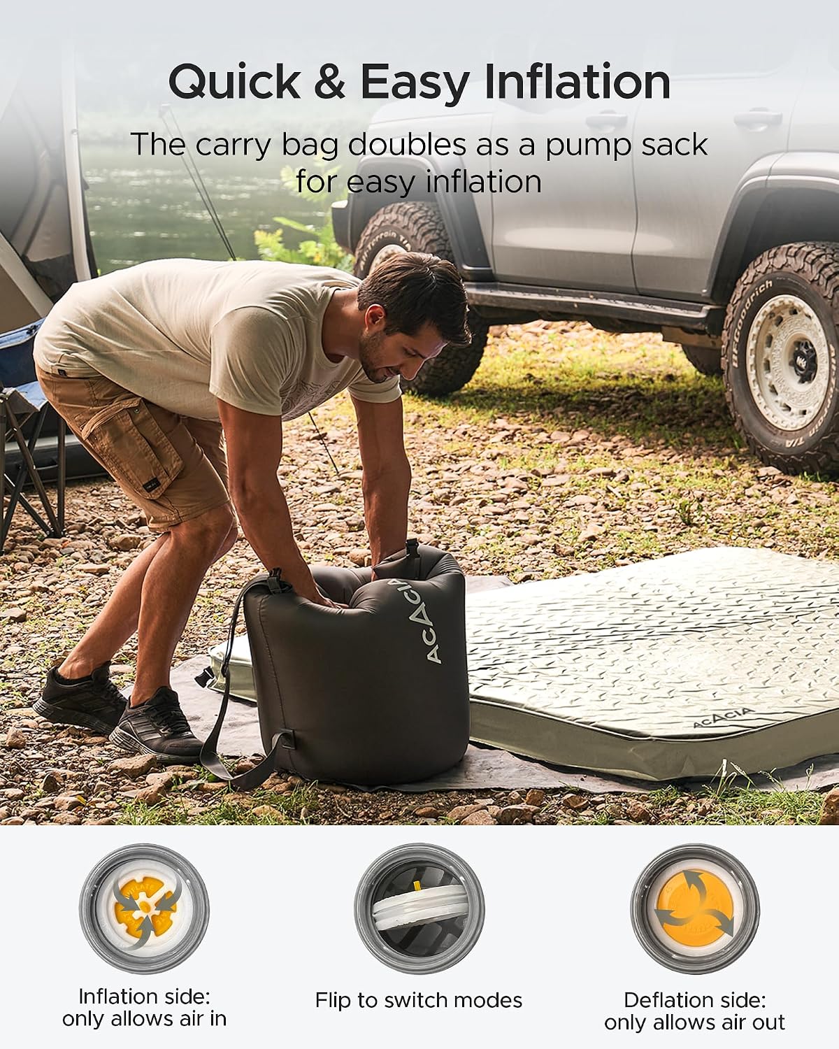 Acacia 4" Thick Self Inflating Sleeping Pad with Foam, Innovative Y-Shaped Telescopic Structure, Ultraportable Camping Air Mattress with Pump Sack, Easy Roll Up Sleep Bed for Travel Tent Car