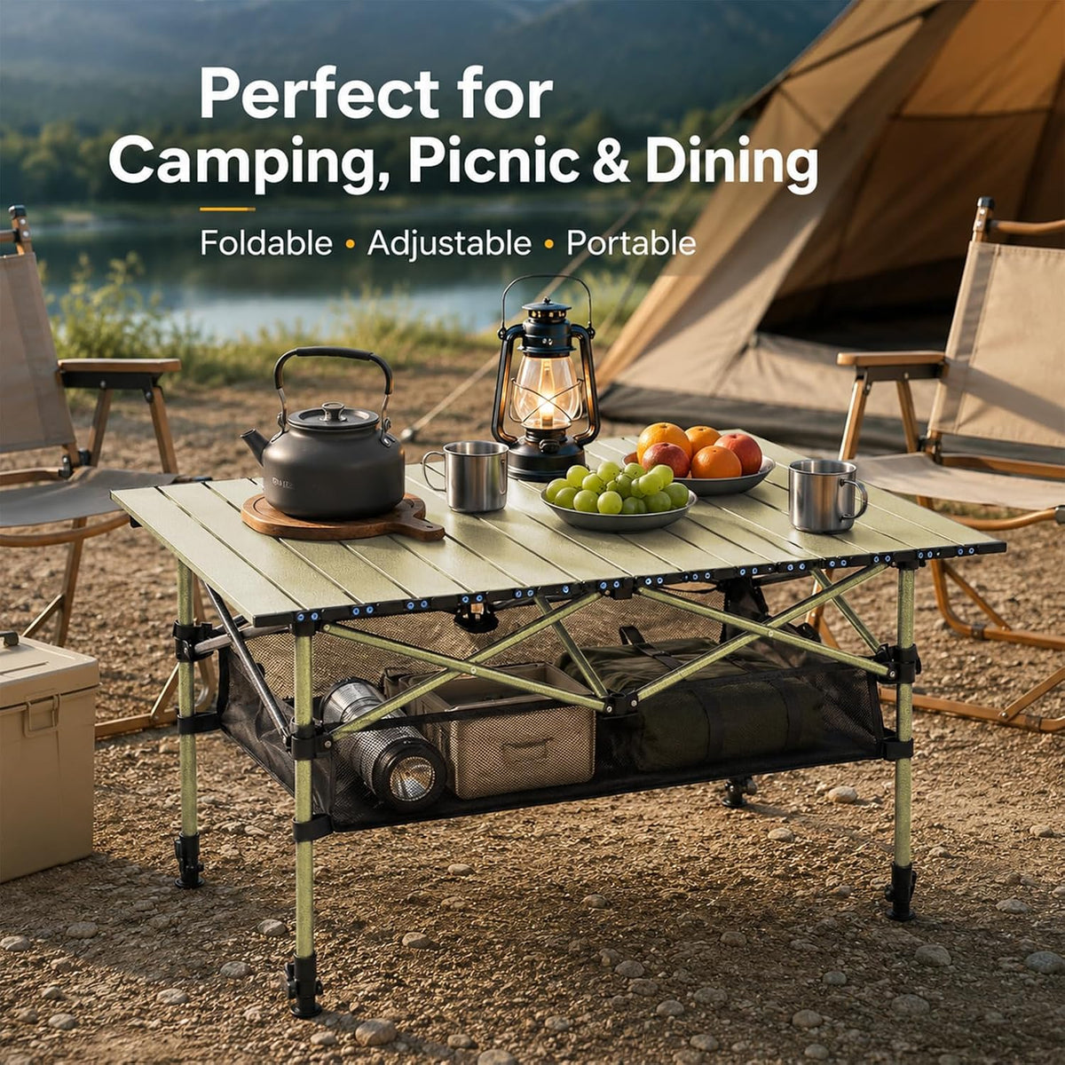 Portable Folding Camping Table, Adjustable Height, Beige, 37 x 21 in