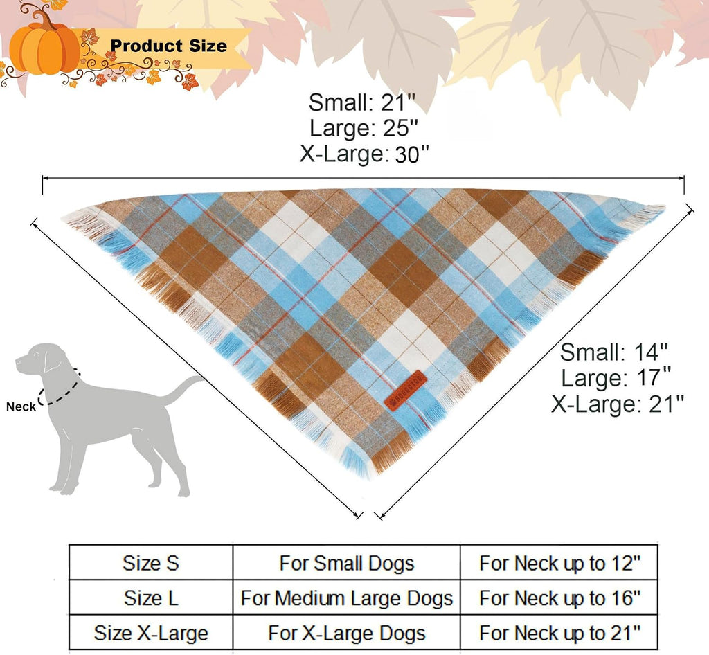 ADOGGYGO Fall Dog Bandana with Tassels Edges, Plaid Thanksgiving Scarf, S