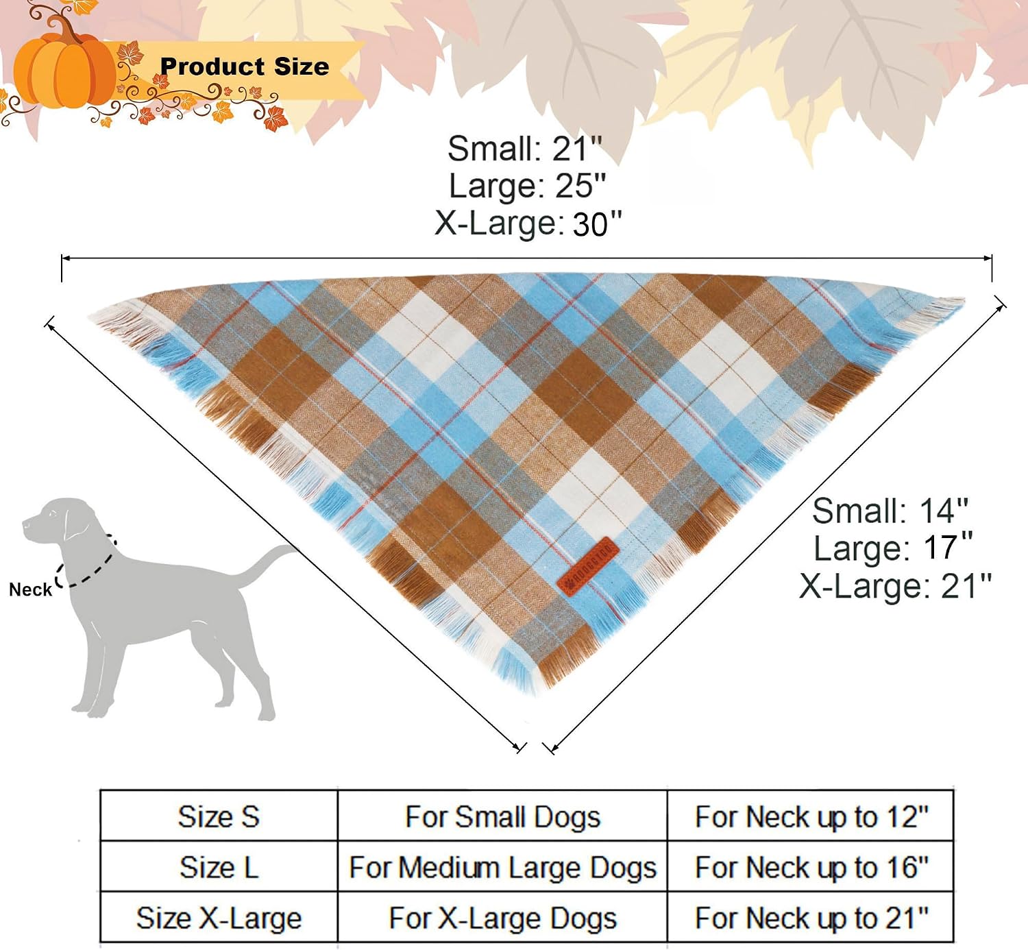 ADOGGYGO Fall Dog Bandana with Tassels Edges, Plaid Thanksgiving Scarf, S