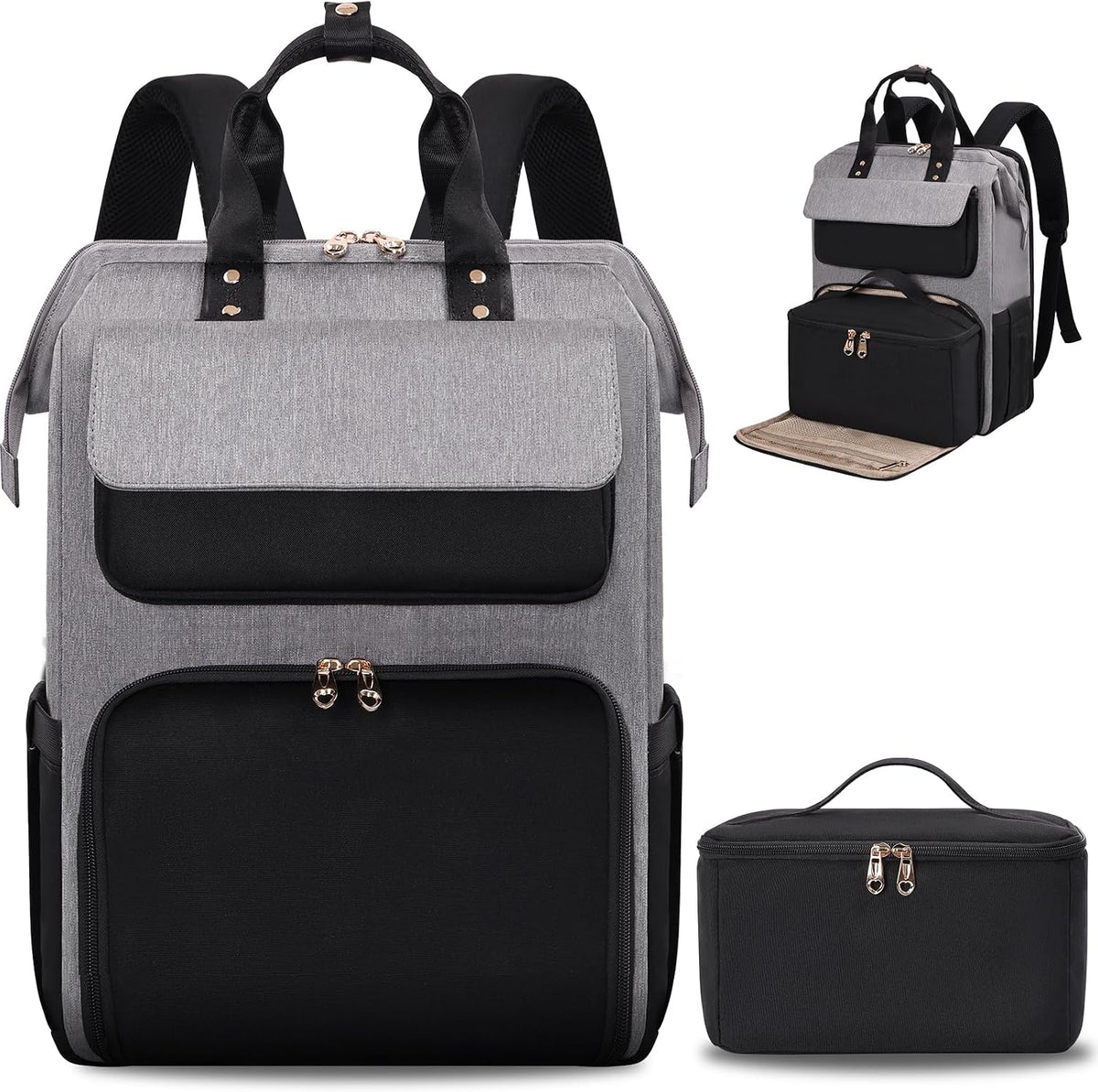 BERTASCHE Lunch Backpack for Women, 15.6 Inch Laptop Backpack with Insulated Cooler Lunch box, Nurse Backpack for Teacher Work Travel College Picnic,Black-Grey
