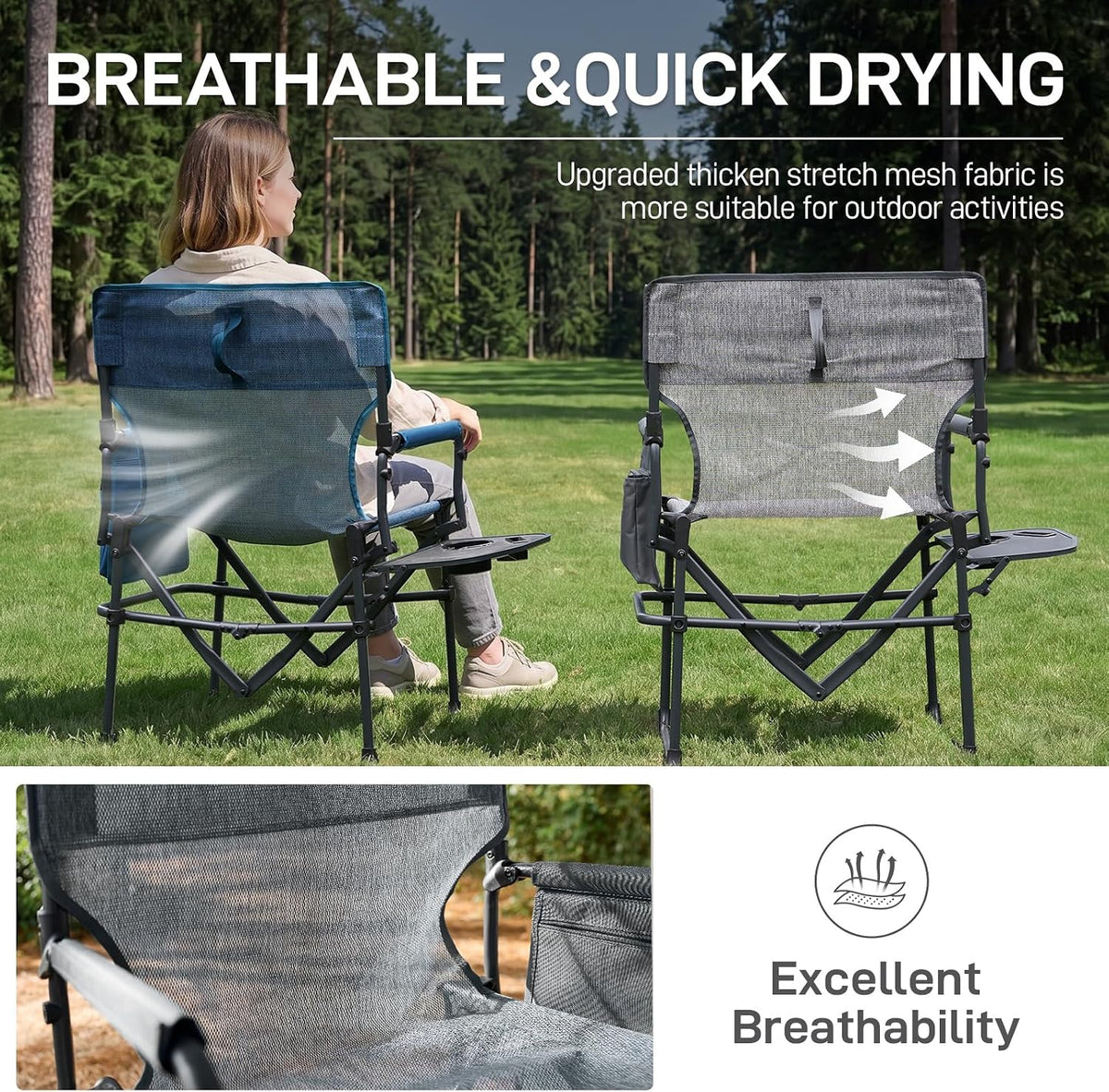 EVER ADVANCED Camping Directors' Chair with Side Table, Portable Folding with Compact Size, Breathable & Quick Dry Design Heavy Duty Lawn Chair with Pocket, 400lbs, Elastic Mesh, Grey